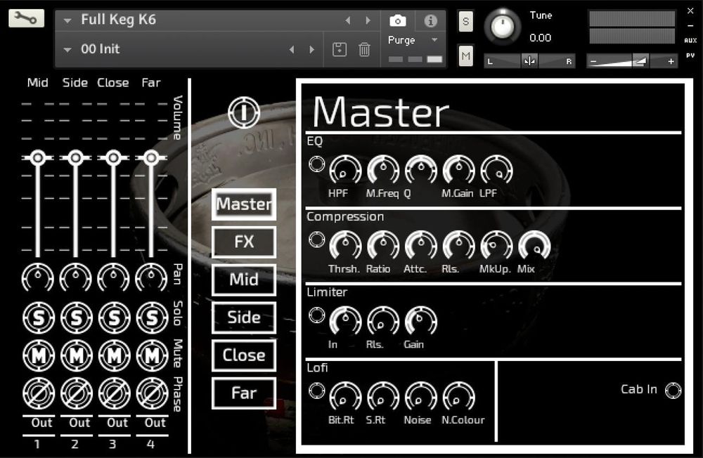 A user interface for the updated version of our Kontakt instrument, The Keg