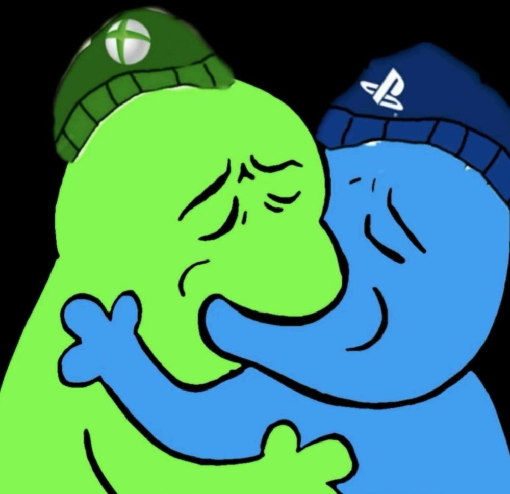 Xbox and PlayStation embracing in a heading game of tongue of war