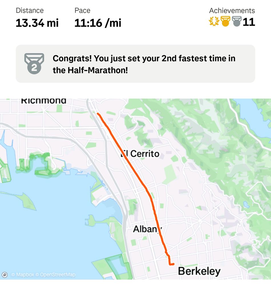 Strava recording of a 13.34 mile run