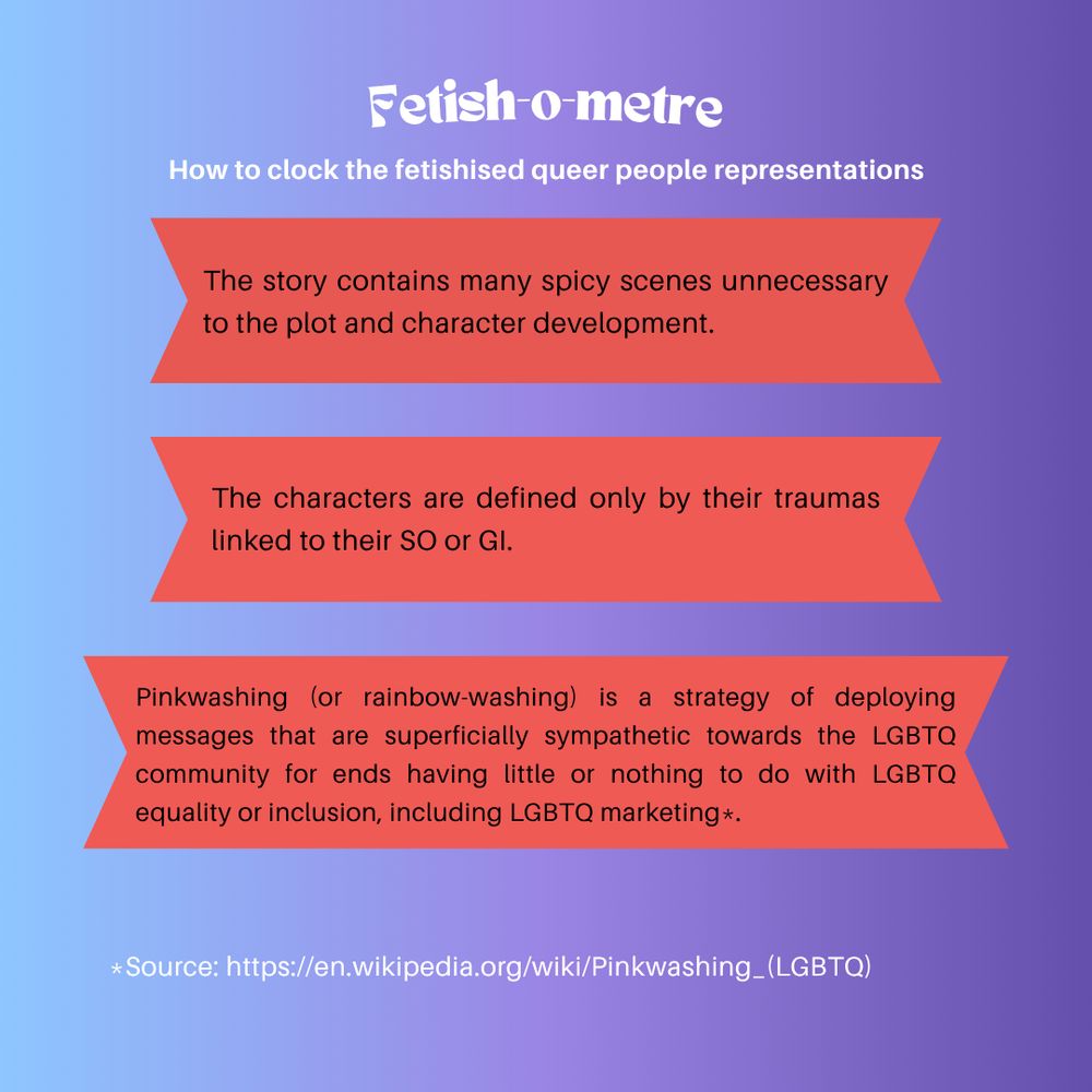 3 red banners saying:
"The story contains many spicy scenes unnecessary to the plot and character development."
"The characters are defined only by their traumas linked to their SO or GI."
"Pinkwashing (or rainbow-washing) is a strategy of deploying messages that are superficially sympathetic towards the LGBTQ community for ends having little or nothing to do with LGBTQ equality or inclusion, including LGBTQ marketing."

Source: https://en.wikipedia.org/wiki/Pinkwashing_(LGBTQ)
