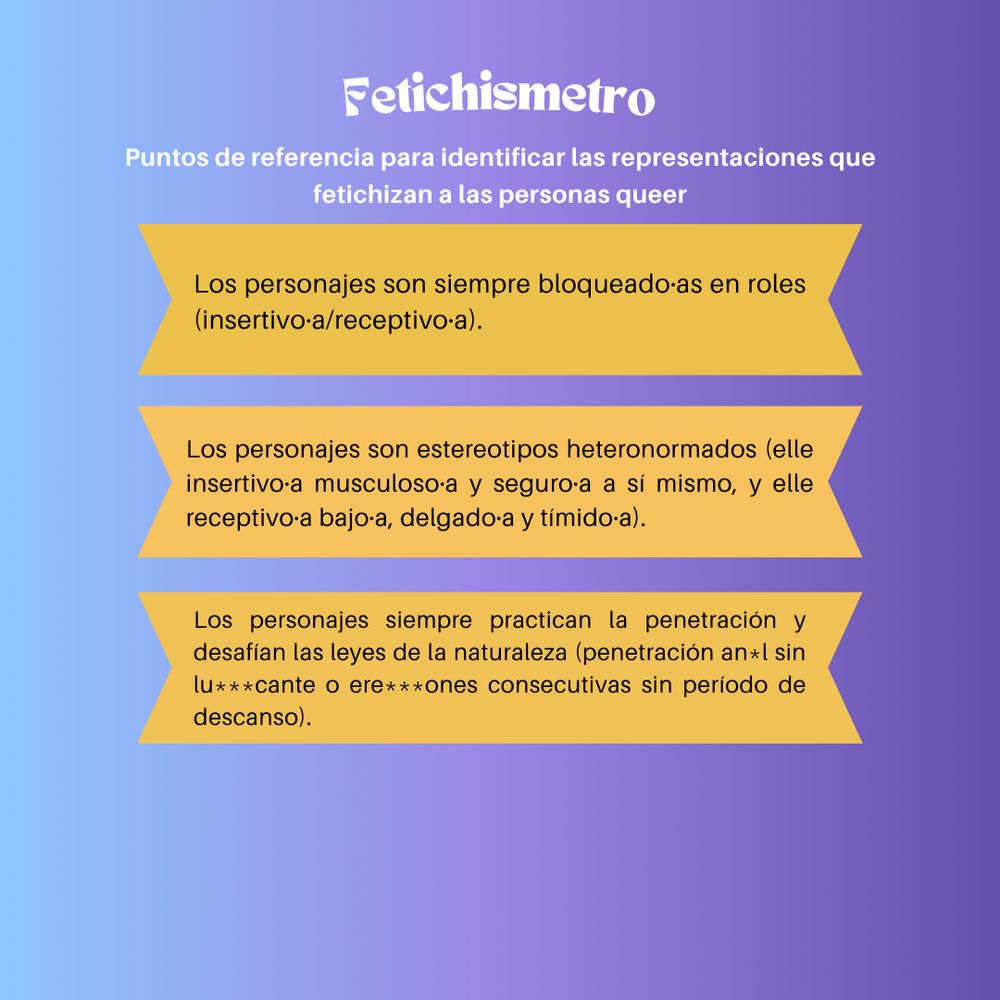 3 pancartas naranjas que dicen:
"Los personajes son siempre bloqueado·as en roles (insertivo·a/receptivo·a)."
"Los personajes son estereotipos heteronormados (elle insertivo·a musculoso·a y seguro·a a sí mismo, y elle receptivo·a bajo·a, delgado·a y tímido·a)."
"Los personajes siempre practican la penetración y desafían las leyes de la naturaleza (penetración anal sin lubricante o erecciones consecutivas sin período de descanso)."