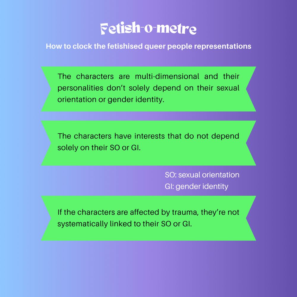 Fetish-o-metre
How to clock the fetishised queer people representations
Three green banners saying:
"The characters are multi-dimensional and their personalities don’t solely depend on their sexual orientation or gender identity."
"The characters have interests that do not depend solely on their SO (soulmate) or GI (gender identity)."
"If the characters are affected by trauma, they’re not systematically linked to their SO or GI."