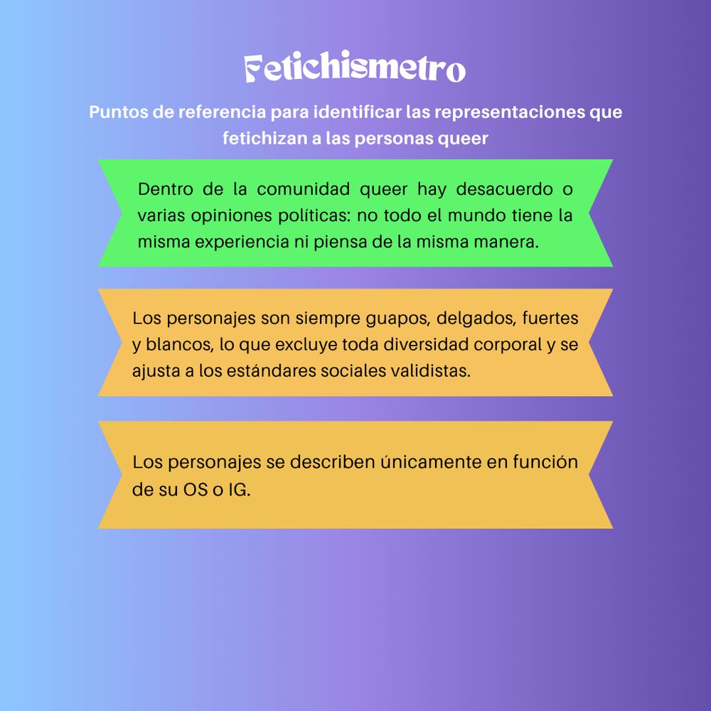1 pancarta verde y 2 pancartas naranjas que dicen:
"Dentro de la comunidad queer hay desacuerdo o varias opiniones políticas: no todo el mundo tiene la misma experiencia ni piensa de la misma manera."
"Los personajes son siempre guapos, delgados, fuertes y blancos, lo que excluye toda diversidad corporal y se ajusta a los estándares sociales validistas."
"Los personajes se describen únicamente en función de su OS o IG."