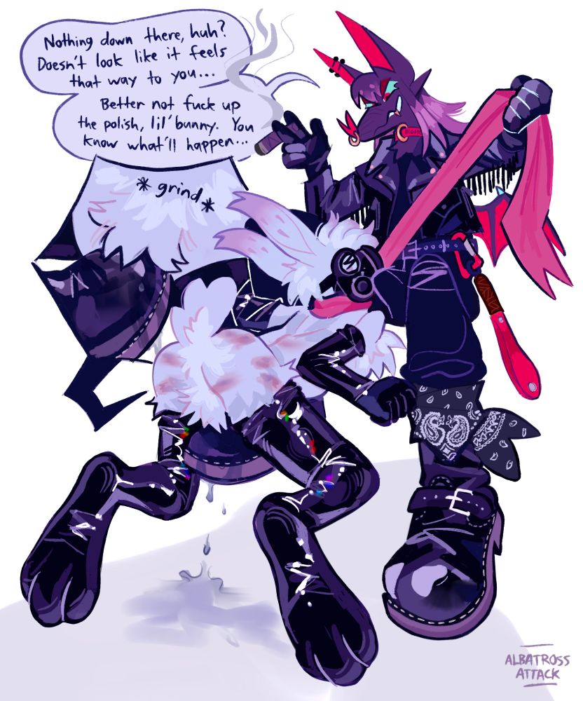 SLAUGHTERHOUSE, a vampire bat, is sat down, clad in leather with freshly polished boots. on her left there is a carabiner hooked to her belt with a leather strap dangling from it. a black hankie is tied to her left calf. she's holding a cigar in one hand and pseudo's scarf in the other, held taut like a leash.

pseudo, a white hare, is knelt before SLAUGHTERHOUSE. it's wearing an S10 gas mask, latex sleeves and latex socks. it is grinding it's null crotch desperately on SLAUGHTERHOUSE's boot, getting juice all over it while the runoff drips onto the floor. pseudo's rear is flecked in bruise-like marks from the leather strap being used on it previously. it's face is being pulled to SLAUGHTERHOUSE's hard dick under her jeans by the scarf. 

dialogue from SLAUGHTERHOUSE: "Nothing down there, huh? Doesn't look like it feels that way to you... Better not fuck up the polish, lil' bunny. You know what'll happen..."