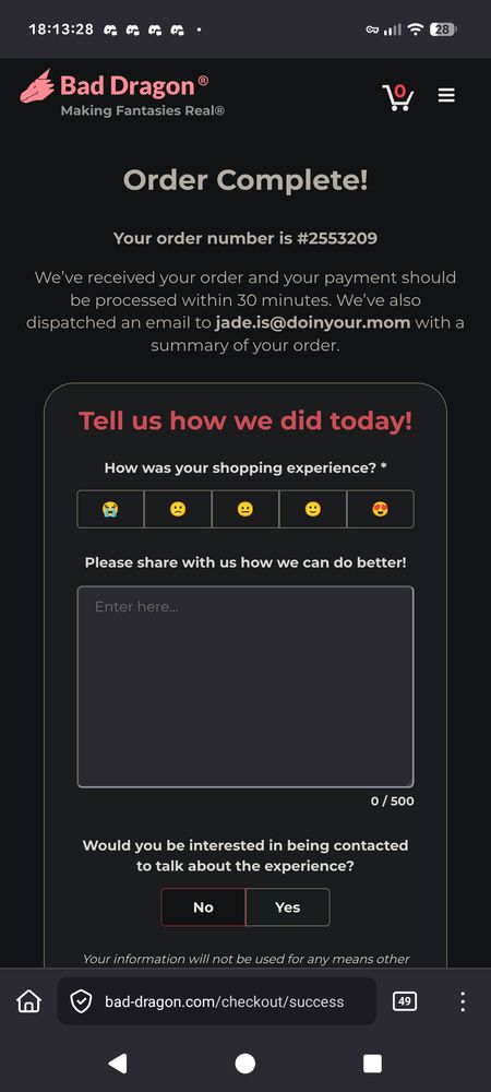 An "Order Complete!" form from Bad Dragon, an American sex toy company