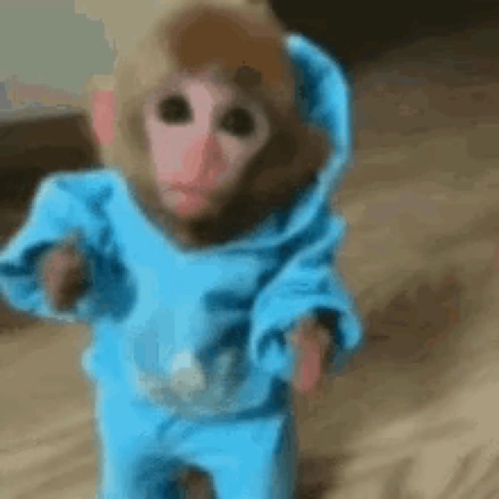 a baby monkey wearing a blue hoodie and pajamas is walking on a bed .