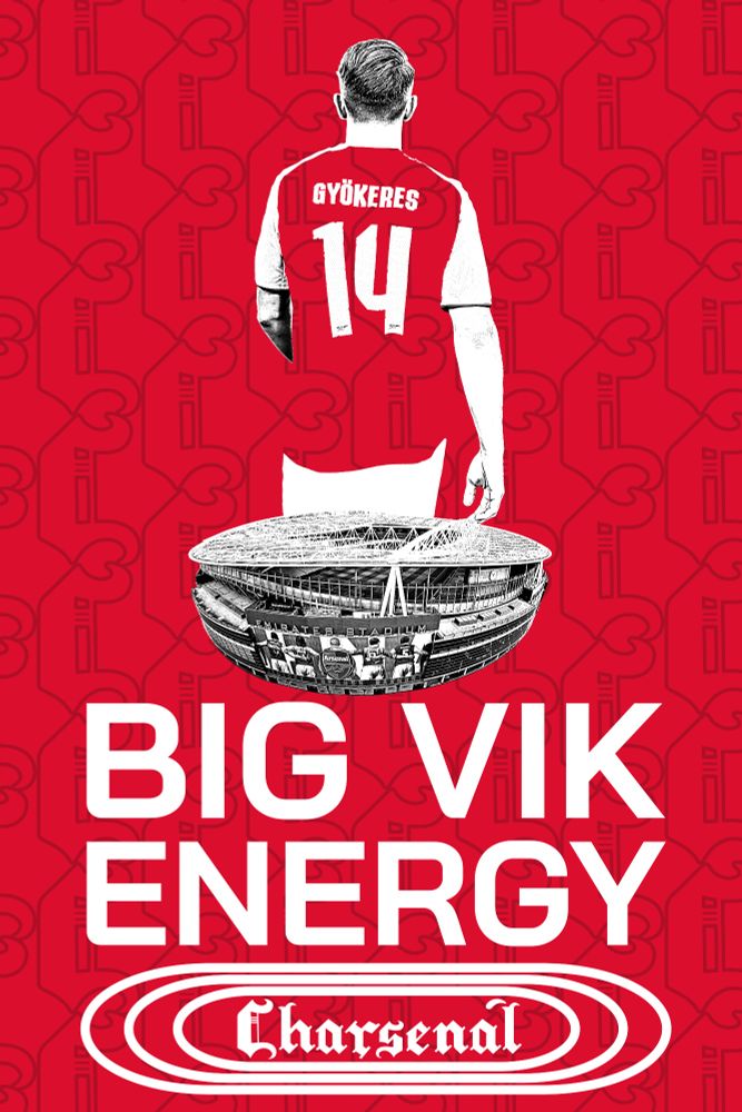 A stark, high-contrast, black-and-white silhouette of Viktor Gyökeres looming above a high-contrast, black-and-white picture of the Emirates Stadium. At the bottom is 3 concentric pill shapes with the Charsenal gothic word mark at the center. This design is set against a red background with a tiled Charsenal gothic-style "C".