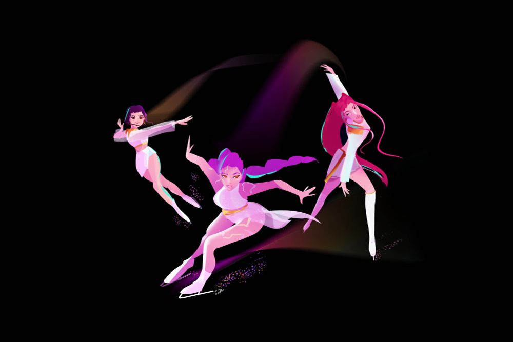 Kpop demon hunters, zoey rumi and mira as figure skaters on a black background in their white outfits 