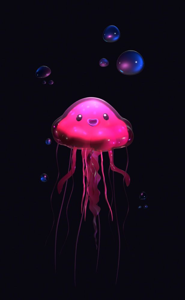 Bright pink jellyfish with bubbles and a smile. 