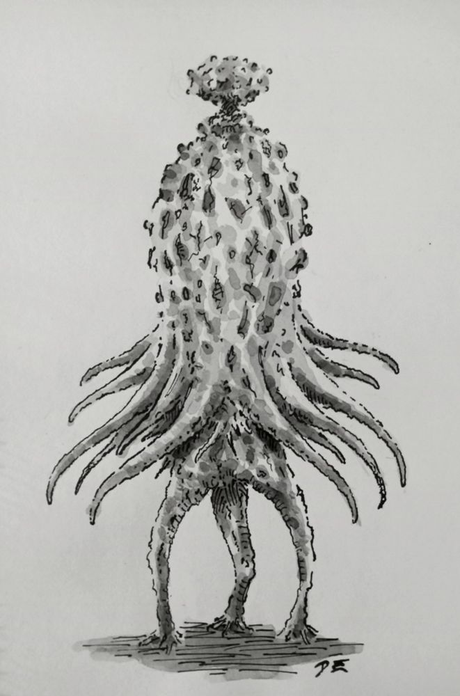 ink and wash drawing of an alien with three legs and many tentacles
