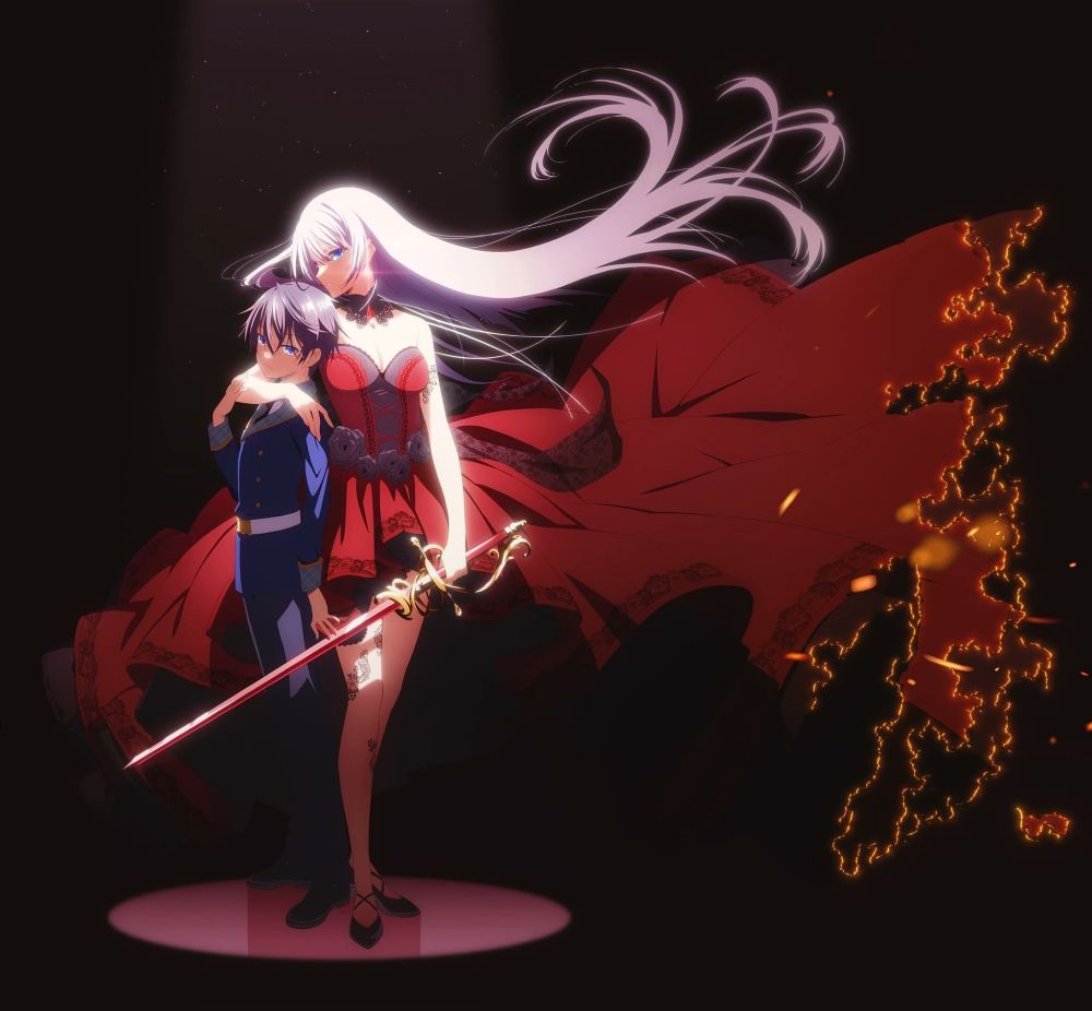 Seiken Gakuin no Maken Tsukai official art of the protagonist being held yuri-style by a beautiful silver haired vampire woman holding an ornate sword 