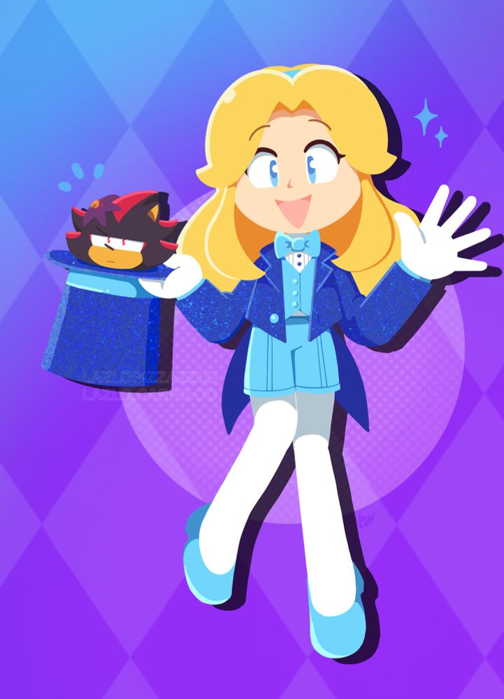 Maria Robotnik in a magician outfit, holding a hat with Shadow the Hedgehog peeking out from it 