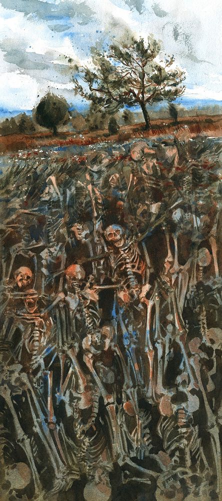 A tall narrow format watercolor in browns and blues. At the top is a natural landscape with trees and clouds. Below is a view of the ground below, a montage of skeletons piled upon each other. 