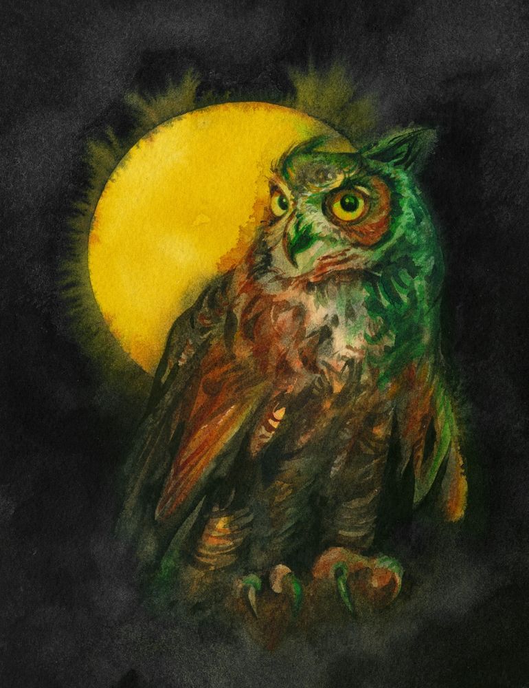 Watercolor of an owl on a dark background with a big bright yellow moon, painted in orange, green, and yellow. 
