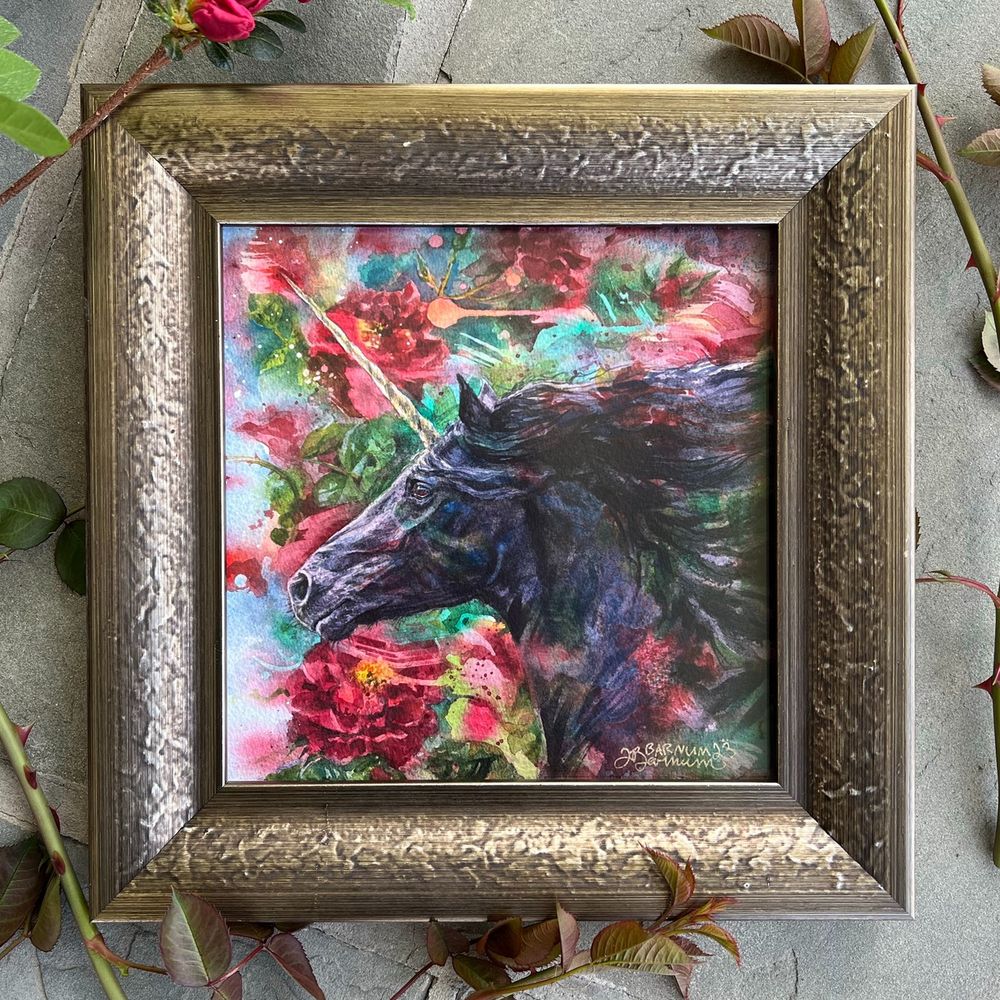Framed watercolor black horse unicorn surrounded by red roses with a sense of running motion