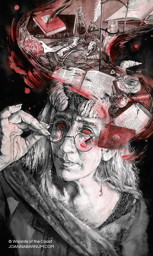 Watercolor illustration in a limited palette of red and greyscale of a wise woman with horns, an older tiefling wizard, looking at you over her glasses with a symbolic cloud of books and tools emerging from her head.