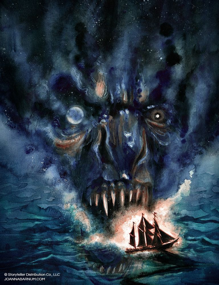 Watercolor illustration of a looming monstrous face with sharp teeth forming from clouds in a dark sky, threatening to devour a tiny ship on a stormy sea.