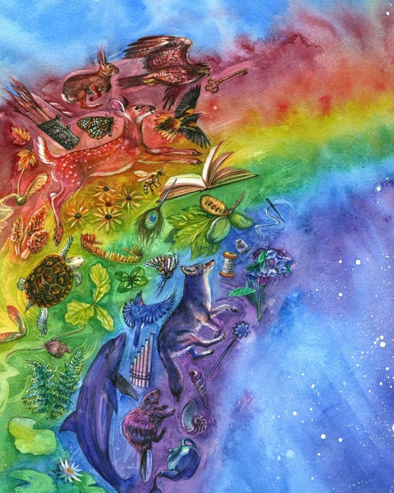 Watercolor rainbow with a blue sky, the rainbow is full of little animals, plants, and magical symbols in matching colors