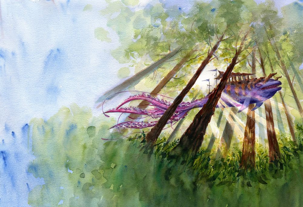 A watercolor cover illustration showing a creature floating in a forest with filtered sunlight. The creature is a cross between a whale, a squid, and an airship.