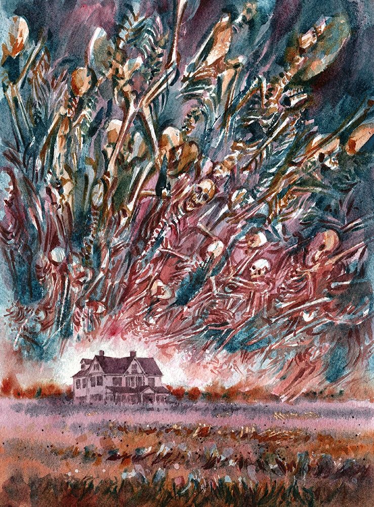 Watercolor illustration of an old house in the distance with a corn field in the foreground. The sky is filled with a mass of ghostly distorted skeletons. The color palette is orange, blue, and pink. 