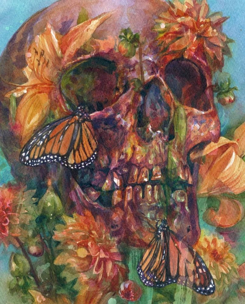 Watercolor of a skull abstractly merged with monarch butterflies and florals in an orange and pink color palette 