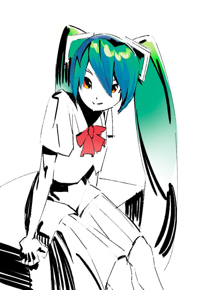 sketch of hatsune miku sitting on a piano looking directly at the viewer