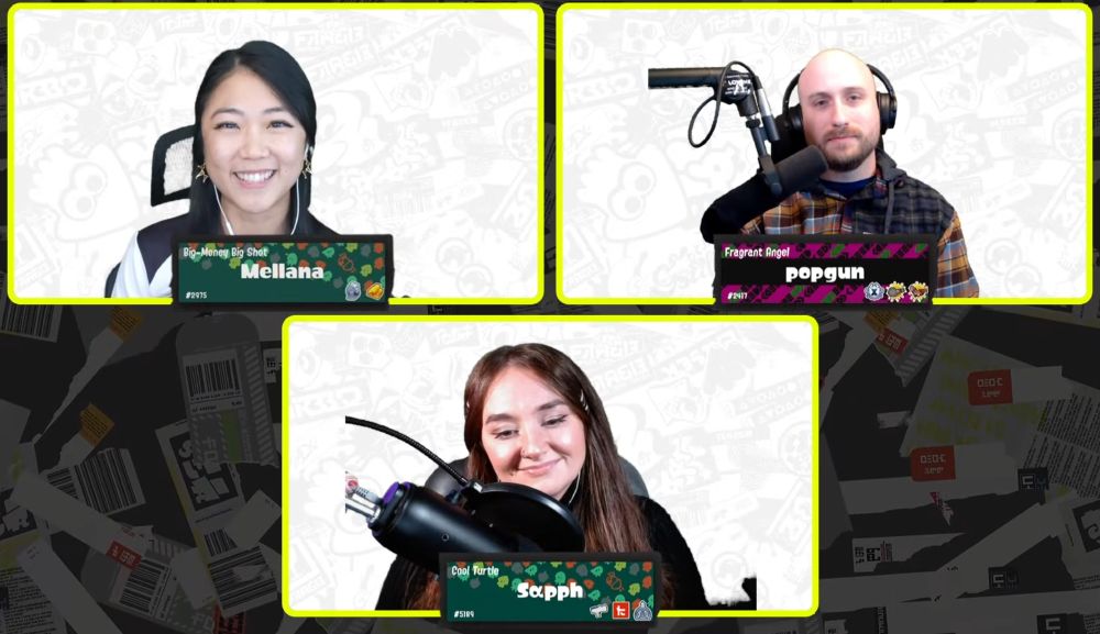 mellana (top left), popgun (top right), sapph (bottom) all excited to start commentating for the splatoon 3 north american league :D