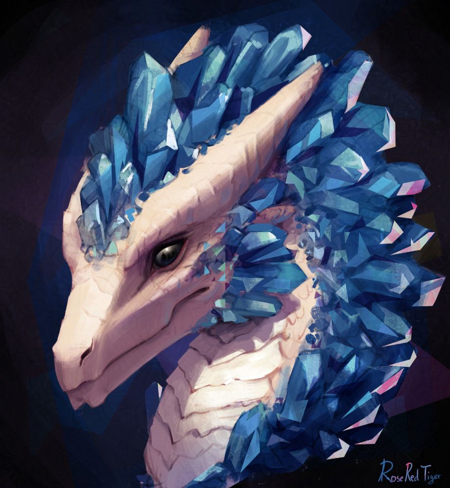 Portrait of a white dragon with blue crystals growing out of the top of his head, back of its neck, and jaw. He has very angular shapes. His eyes are almost fully black.