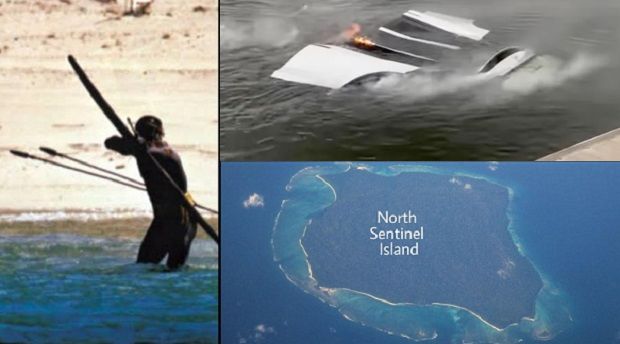 A submerged Tesla pictured next to a Sentinelese bowman and a map of North Sentinel island 