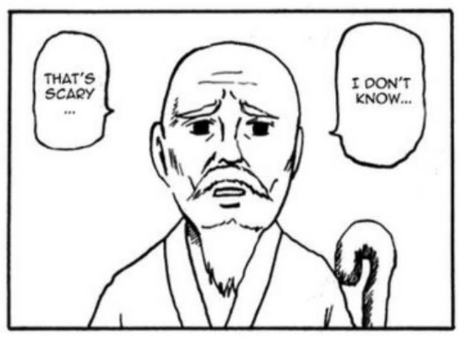 Drawing of an old man with a scared expression saying 