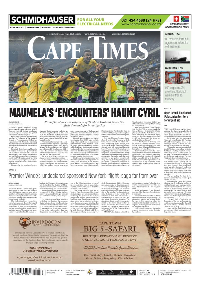 Wednesday's Cape Times (South Africa) #TomorrowsPapersToday