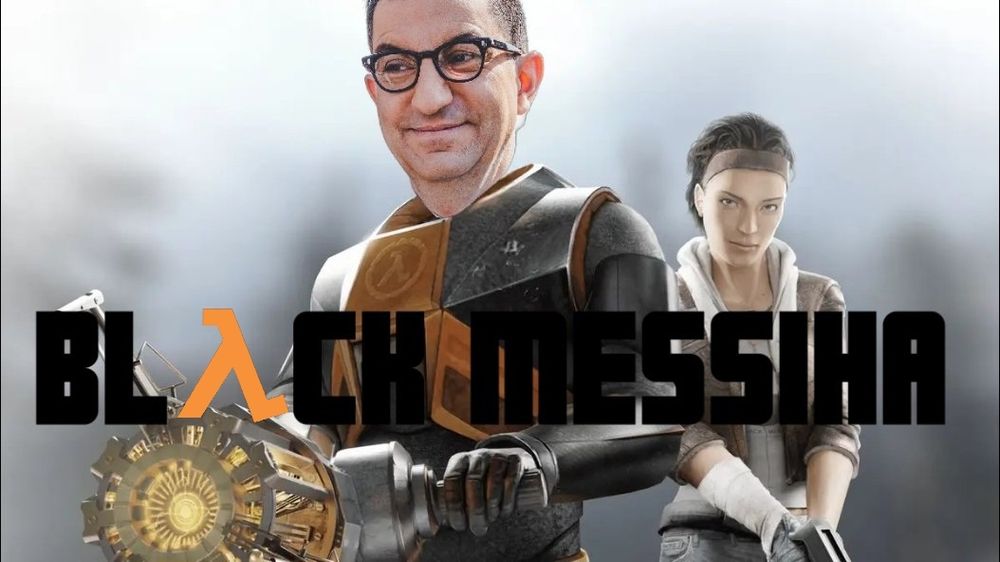 Montage avec le visage de Jean Messiha (homme politique français) sur le corps de Gordon Freeman (hero de la saga Half Life) avec écrit "Black Messiha" qui est un jeu de mot avec "Black Mesa", fait à partir du moteur de Half-Life 2, le moteur Source (version 2007), et recréant entièrement le jeu Half-Life sous ledit moteur (contrairement à Half-Life: Source fondé sur le moteur Source de 2004 qui se contentait de reprendre les maps du jeu d'origine). 