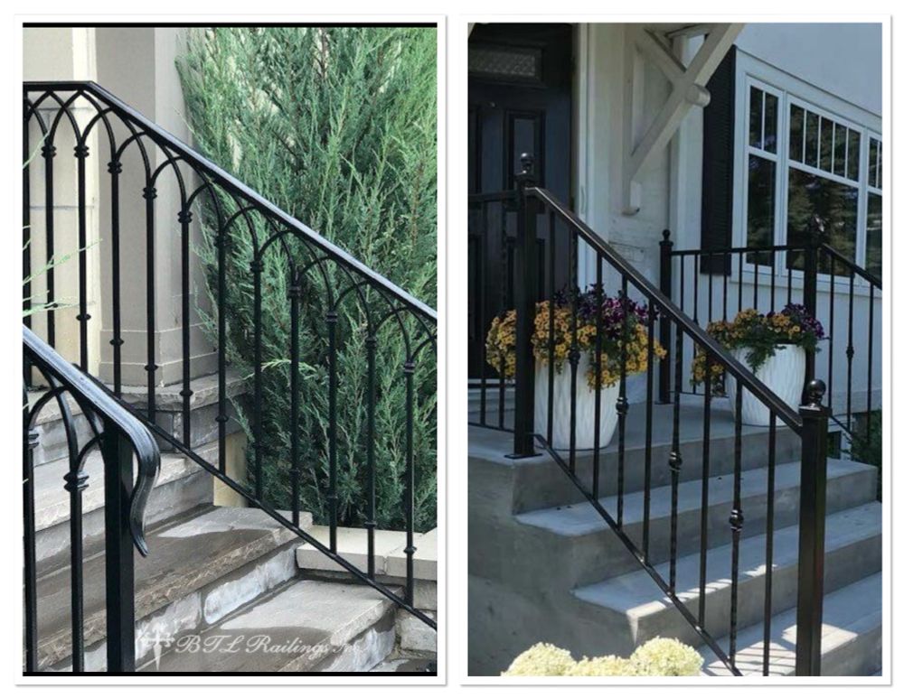 Two different sets of black wrought iron railings. 