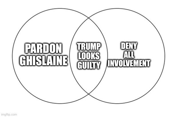 Venn Diagram meme with the words “pardon ghislaine” on the left side, “deny all involvement” on the right side, and in the center it says “Trump looks guilty.”