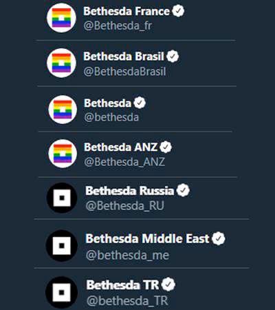 Verschiedene Bethesda-Accounts mit Pride-Flagge im Logo. Außer die Accounts für Russland, Middle East und Turkey