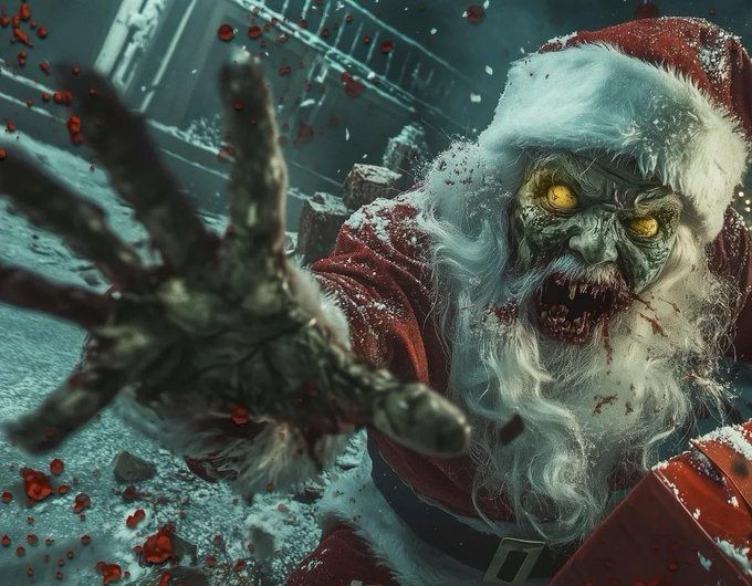 A terrifying zombie Santa Claus reaches out with decaying hands, glowing yellow eyes, and a blood-spattered suit, blending holiday cheer with apocalyptic horror. Perfect for Christmas horror themes, this creepy Santa combines the undead with festive vibes. Ideal for spooky storytelling, holiday horror promotions, or fans of zombie culture and dark fantasy.