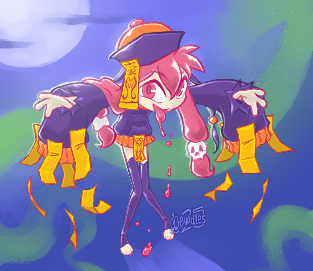 A (Type F) Gooite, a spaceborn species of living goo, named Farker dressed up for Halloween (or the cooler sounding "Hallowtide") as a Jiangshi which is a Chinese folklore "vampire zombie". Her hands protrude from torn holes in the oversized sleeves of her sweater where a series of talismans hang loosely. Her gooey tongue hangs out from her mouth and drips with thick globules. Hello, if you remember this OC, you're officially getting old.