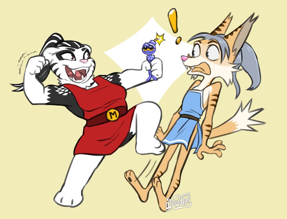 A female badger named Bea holding a Blue Mewds with a bomb for a head with her fist clenched and ready for a big punch while an androgynous desert-like cat named Top yips in surprise as they realize the likely explosive result between them.