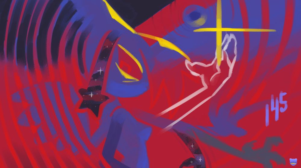 Wesl in an abstracted realm of dreadful red as their form resonates, splits, and fragments in the presence of a yellow, lopsided, star.