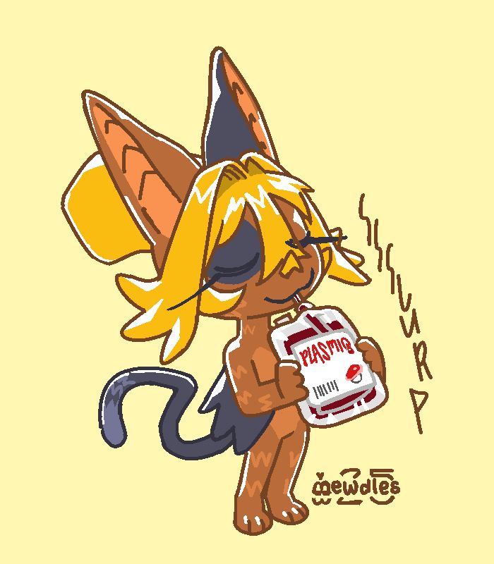 A bat cat munchkin named Timtam taking a sip from what looks like a branded blood pack called "PlasmiQ" featuring the classic "Steak" flavor on the label.
