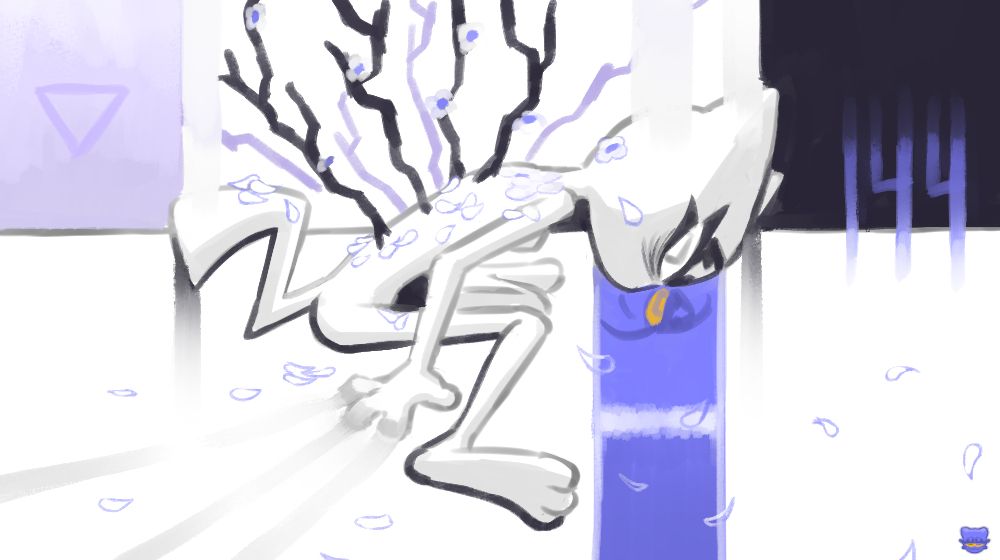 Grey Mewds sitting on the ground, hunched over, as dark branches grow from his back with wilting blue flowers. A downward streak of blue descends from their face revealing the visage of Blue Mewds.
