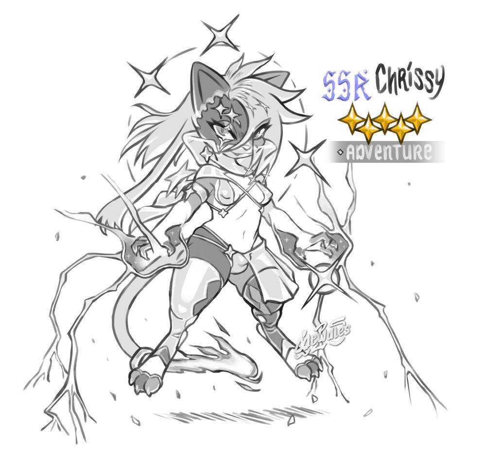 A feminine anthro cat named Chrissy adorned in extravagant and revealing skimping regalia hovering off the ground seemingly suspended by powerful arcing energy from their paws. They have starry "scarring" across their right eye. A vertical halo frames their form with three stars. They are styled like a "gacha" character labeled as an SSR (Super Super Rare) Chrissy following by five gold stars over an Adventure label.