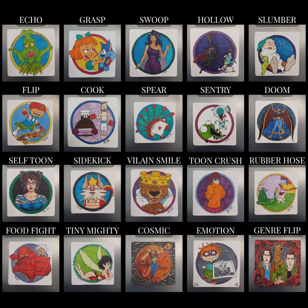 Recap of artist, HR Johnson's drawings for the drawing challenge June Toon. Each day a prompt is given and artists respond with a drawing inspired by that prompt. This collage features four rows of drawings with five marker drawings in each row. Each drawing is a 4x4" square with the prompt word for the at day above it. 