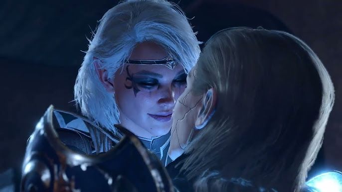 Isobel and Aylin from Baldur’s Gate 3 are about to kiss while highlighted by the moon.