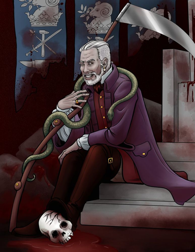 A white man with short silver hair and beard sits on the blood stained steps of a throne. He wears 1700s style purple and red clothing with tall boots and a pearl earring and smiles wickedly at the viewer. He holds a scythe over one shoulder with a snake climbing the handle onto his shoulders, and rests a foot on a cracked human skull.