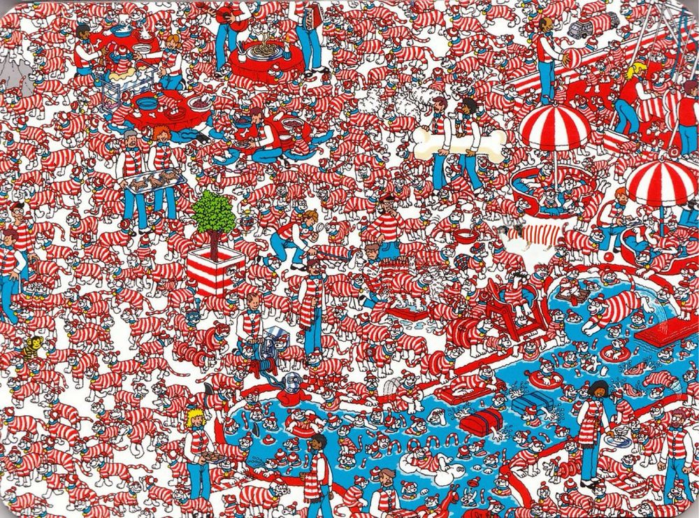 A miniature black and tan dappled longhair dachshund wearing a white and red striped bathing suit tilting his head in surprise off to the left of the frame as a black, brown, and white mini Aussie also wearing a white and red striped bathing suit barks in his ear amidst a sea of similarly-dressed cartoon dogs at a water park in a Where’s Waldo image.