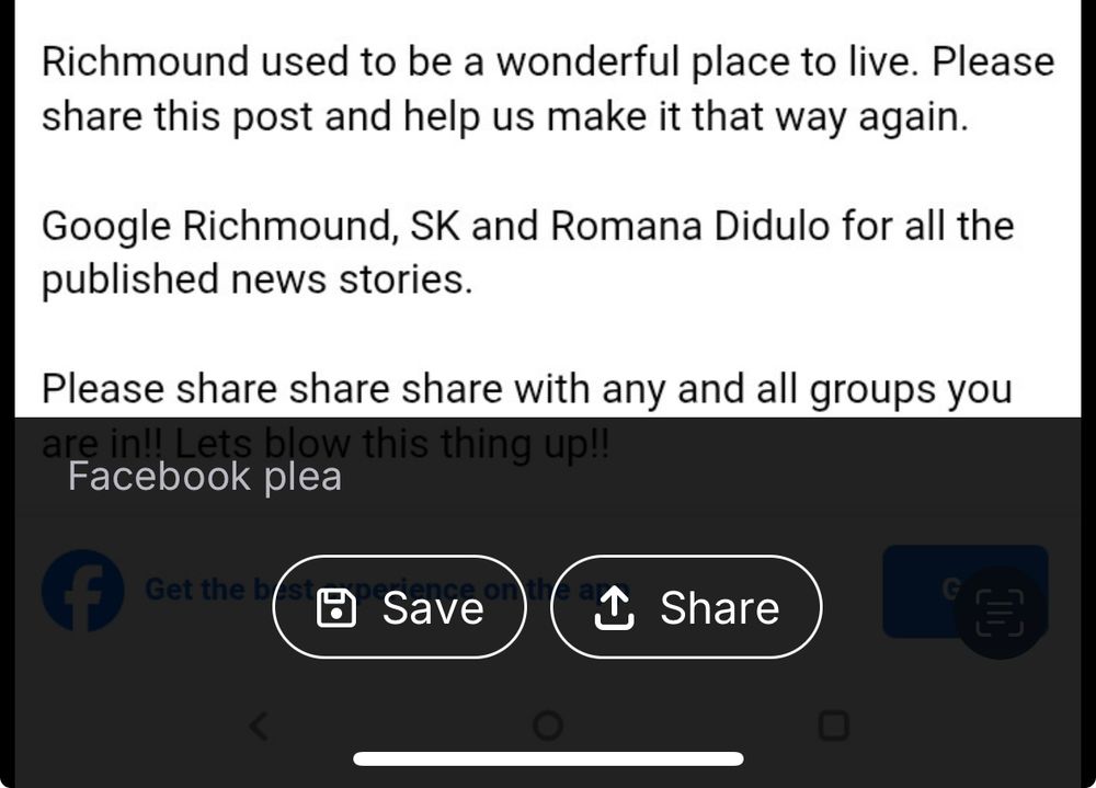 A screen cap of the bottom of the post, which includes an image of a lengthy Facebook post, showing the alt text which reads “Facebook plea”
