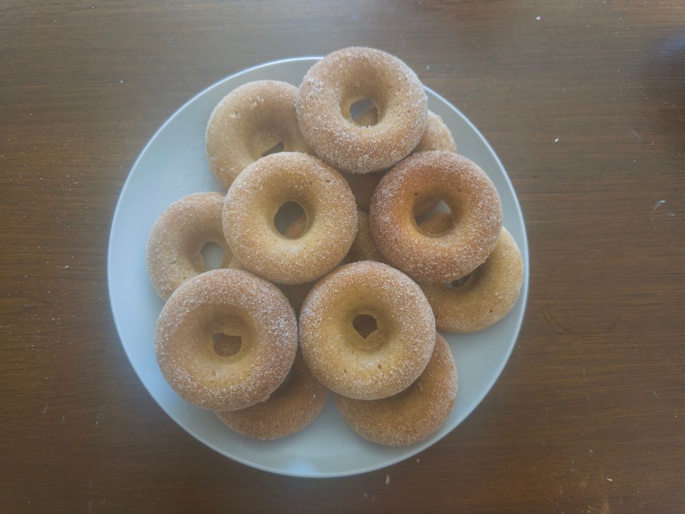 Plate of cinnamon sugar covered donuts. 