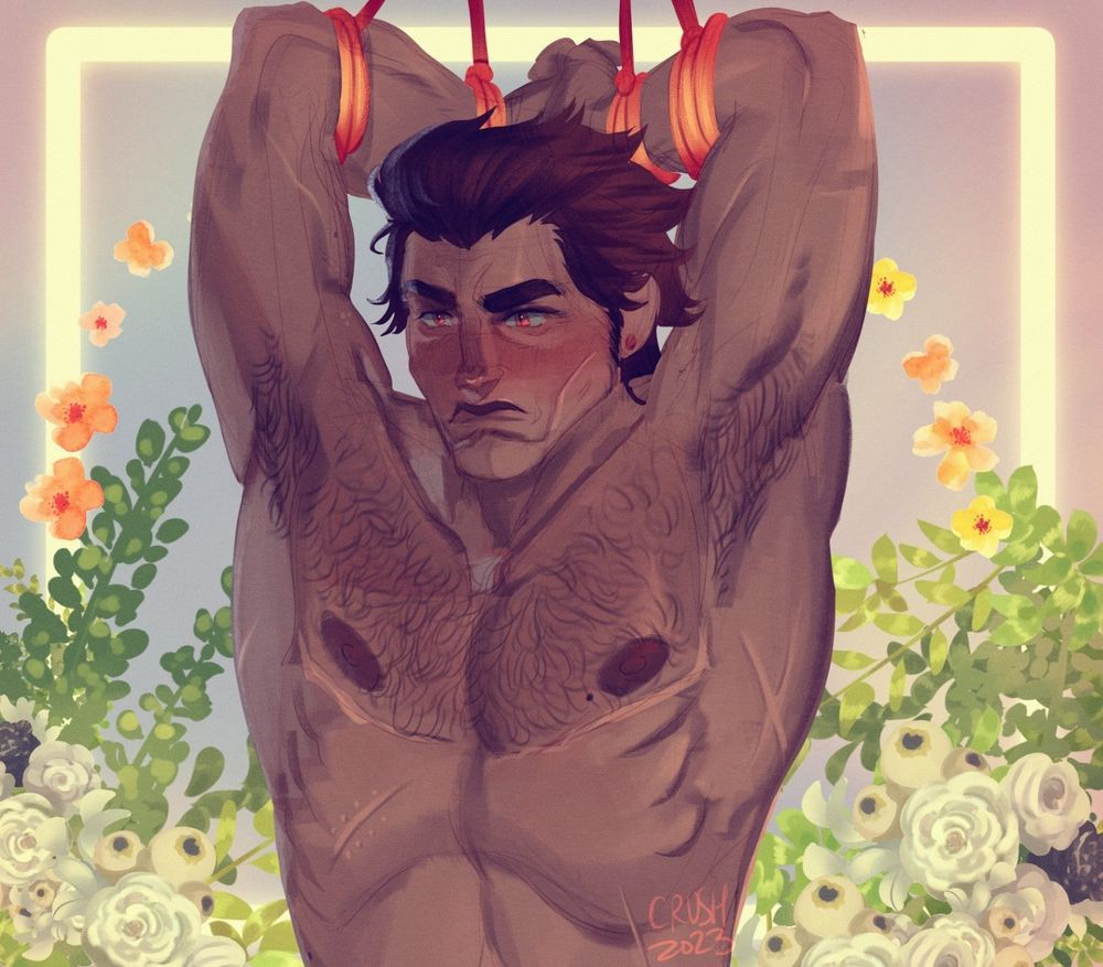Waist-up illustration of Miguel O'Hara, arms strung up in red shibari rope, exposing his flushed chest. He is pouting and his cheeks are rosy. Pink and blue background with floral accents.