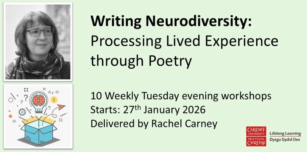 Writing Neurodiversity - processing lived experience through poetry, 10 weekly Tuesday evening workshops starting 27th January. Delivered by Rachel Carney. Cardiff University centre for lifelong learning. Image of poet, and image of ideas coming out of a box.